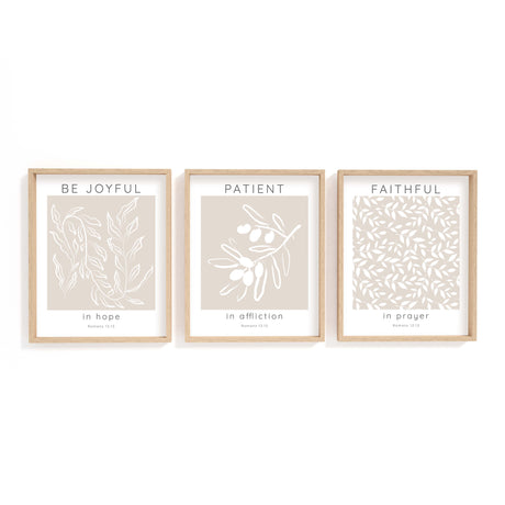 Romans 12:12 – Christian wall art print set of three with neutral beige tones and botanical scripture about hope, patience and prayer.