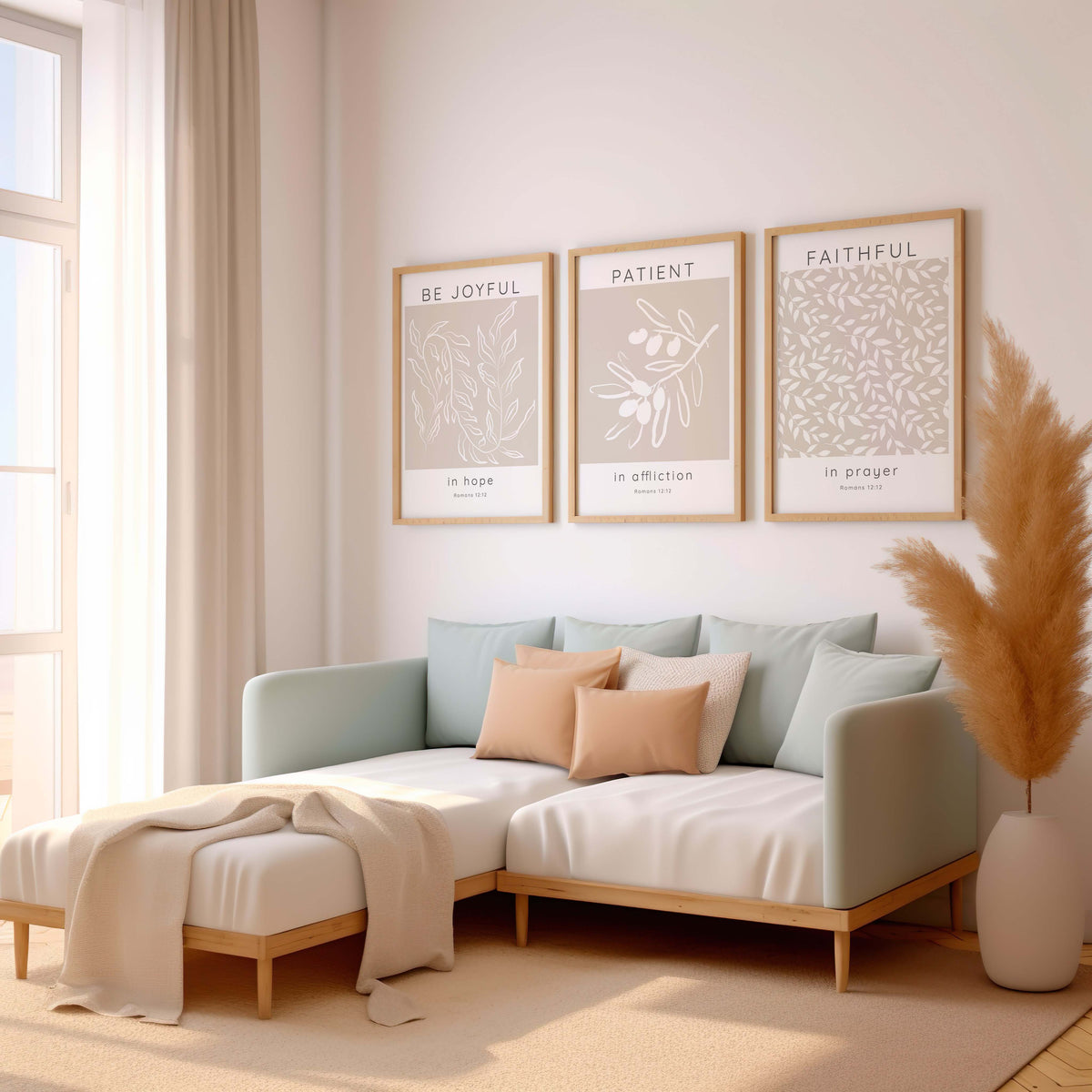 Romans 12:12 – Bible verse wall art set of three featuring joyful hope, patient affliction and faithful prayer scripture.