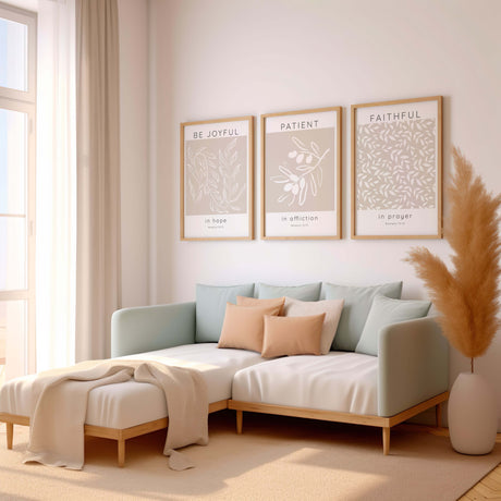 Romans 12:12 – Bible verse wall art set of three featuring joyful hope, patient affliction and faithful prayer scripture.