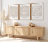 Romans 12:12 – Christian scripture wall art triptych with neutral tones and botanical design encouraging faith and resilience.