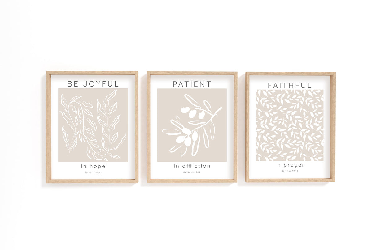 Romans 12:12 – Be joyful in hope Christian wall art 3 print set with neutral beige background and white botanical design.