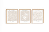 Romans 12:12 – Be joyful in hope Christian wall art 3 print set with neutral beige background and white botanical design.