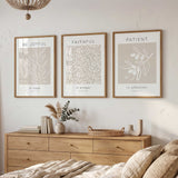 Romans 12:12 – Christian scripture wall art triptych with neutral tones and botanical design encouraging faith and resilience.