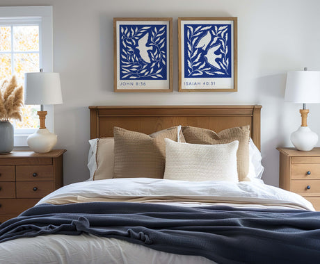 John 8:36 – Freedom in Christ blue bird design.