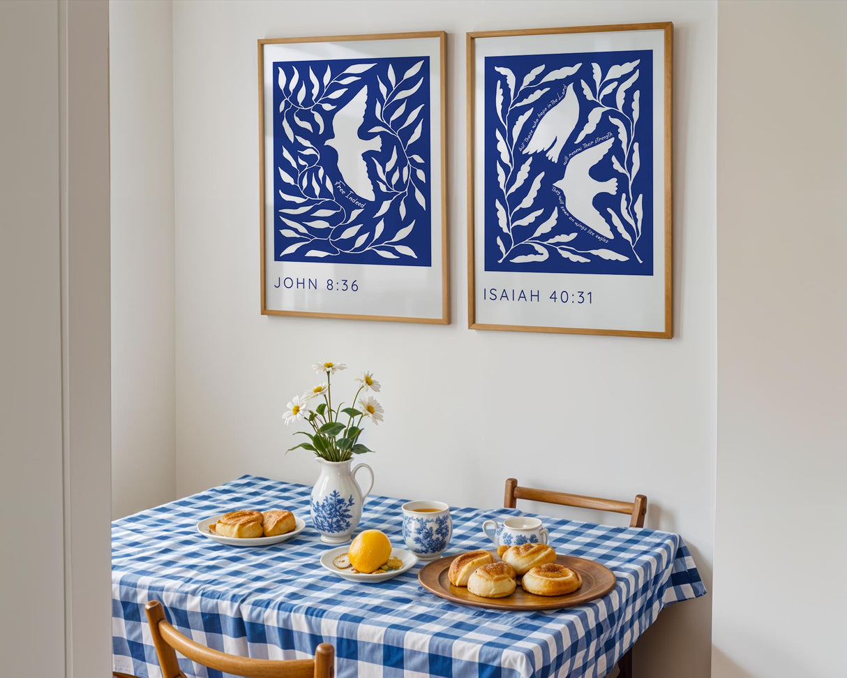 Isaiah 40:31 and John 8:36 – Blue bird Christian print set.