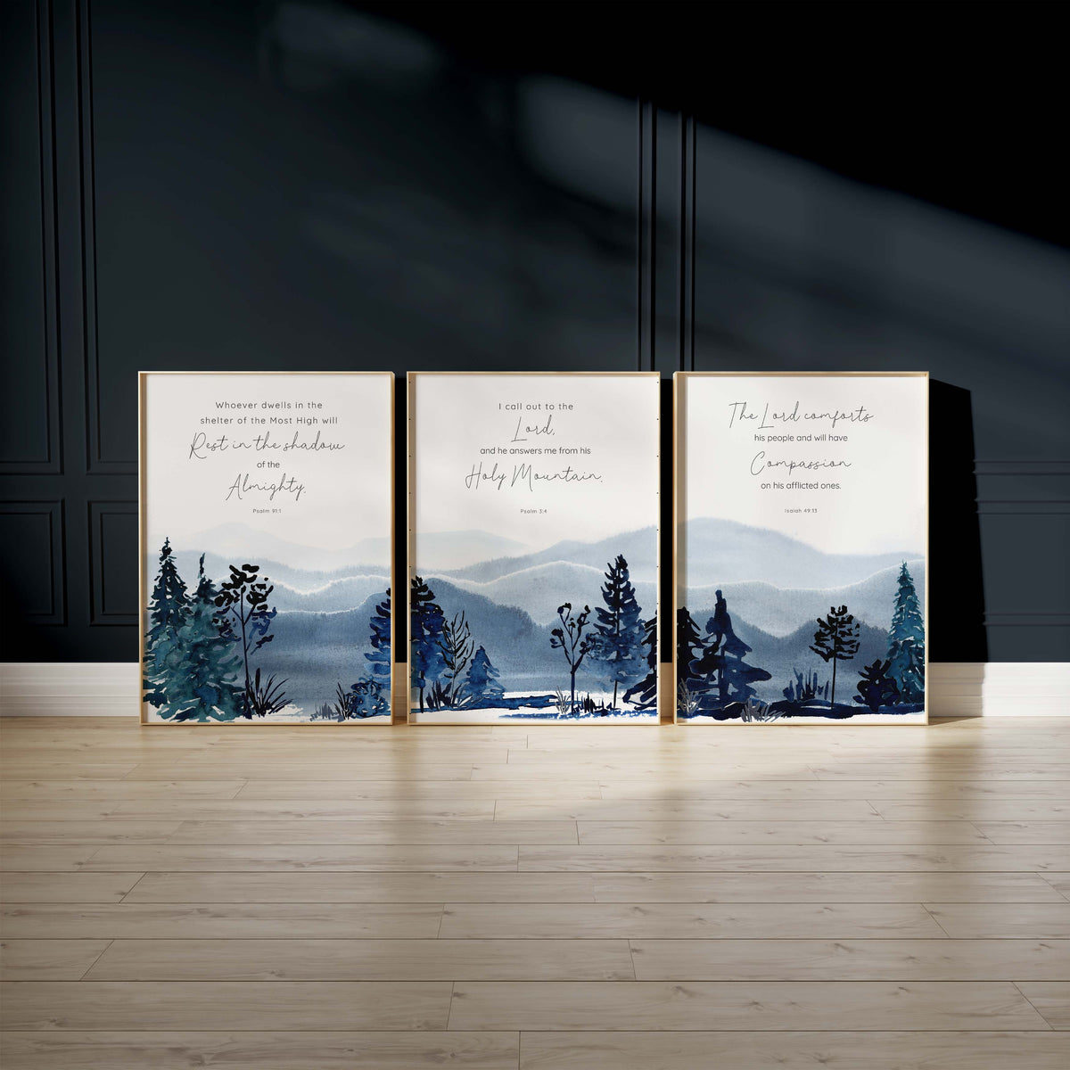 Watercolour mountain Bible verse set, Inspirational scripture wall art collection, Serene landscape scripture prints