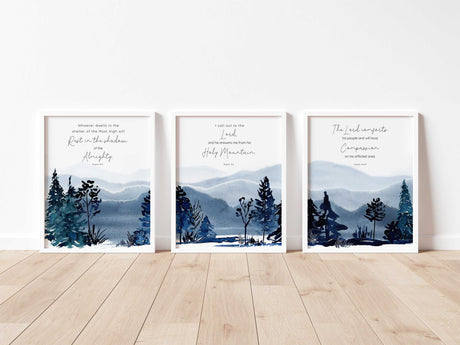 Tranquility-inducing scripture prints set, Inspirational scripture decor with mountain vistas, Encouraging scripture prints