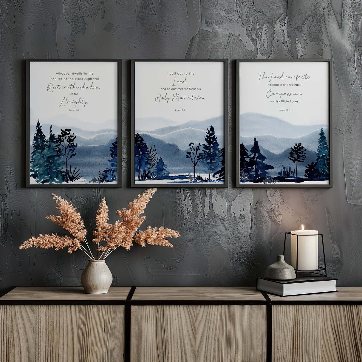 Psalm 91:1, Psalm 3:4, Isaiah 49:13 – Bible verse wall decor set featuring watercolour mountain landscapes and reassurance from God’s Word.