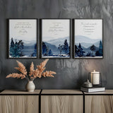Psalm 91:1, Psalm 3:4, Isaiah 49:13 – Bible verse wall decor set featuring watercolour mountain landscapes and reassurance from God’s Word.