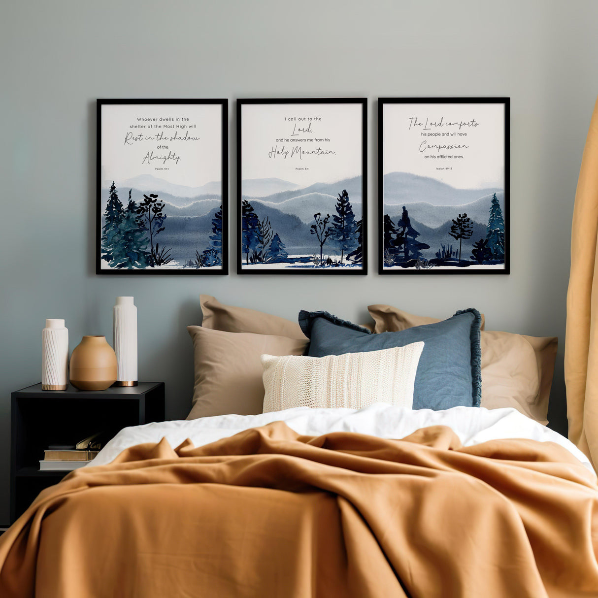 Psalm 91:1, Psalm 3:4, Isaiah 49:13 – Christian mountain wall art set with calming scenery and Bible verses about refuge, prayer and comfort.