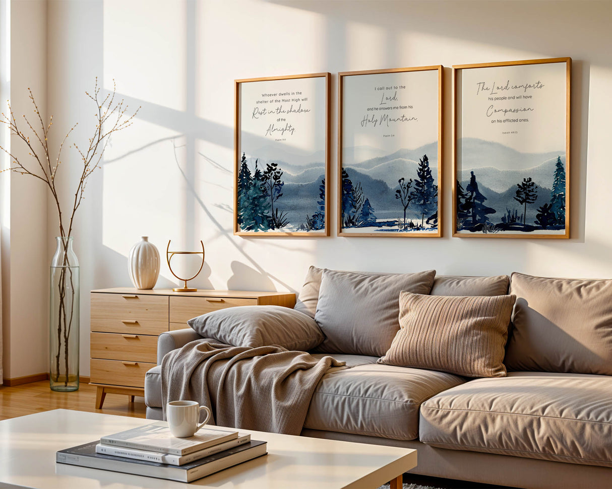 Psalm 91:1, Psalm 3:4, Isaiah 49:13 – Christian wall art 3 print set with blue watercolour mountains and comforting Bible verses.