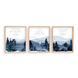 Psalm 91:1, Psalm 3:4, Isaiah 49:13 – Bible verse wall art set featuring serene mountain landscapes and scripture about comfort and trust.