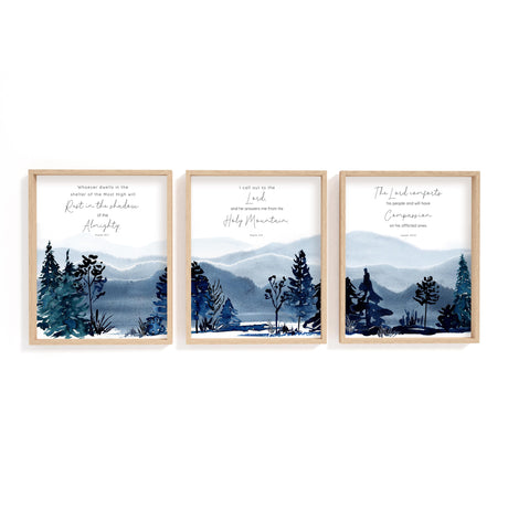 Psalm 91:1, Psalm 3:4, Isaiah 49:13 – Bible verse wall art set featuring serene mountain landscapes and scripture about comfort and trust.