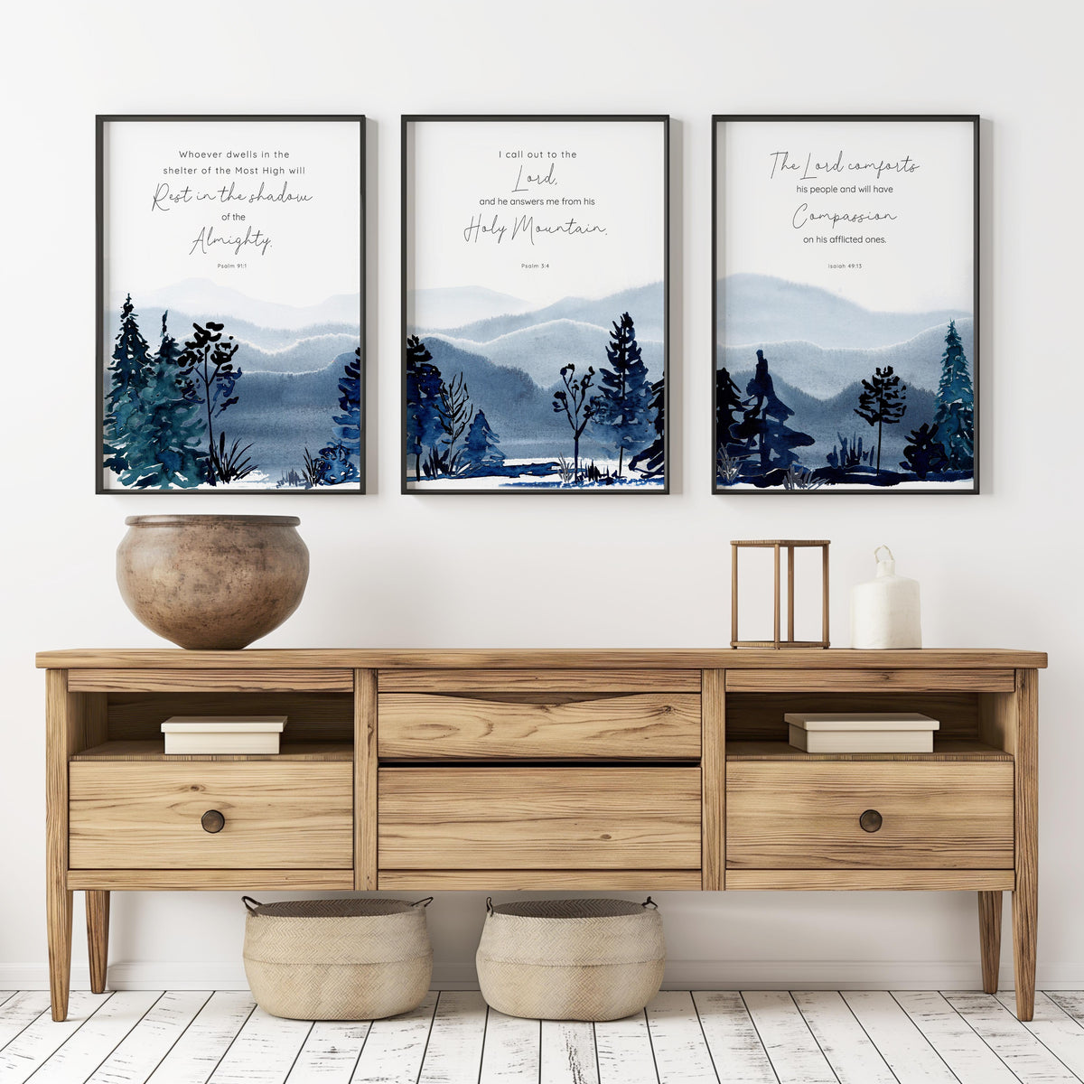 Psalm 91:1, Psalm 3:4, Isaiah 49:13 – Christian scripture wall art triptych with peaceful mountain scenes and verses of hope and reassurance.
