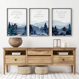 Psalm 91:1, Psalm 3:4, Isaiah 49:13 – Christian scripture wall art triptych with peaceful mountain scenes and verses of hope and reassurance.