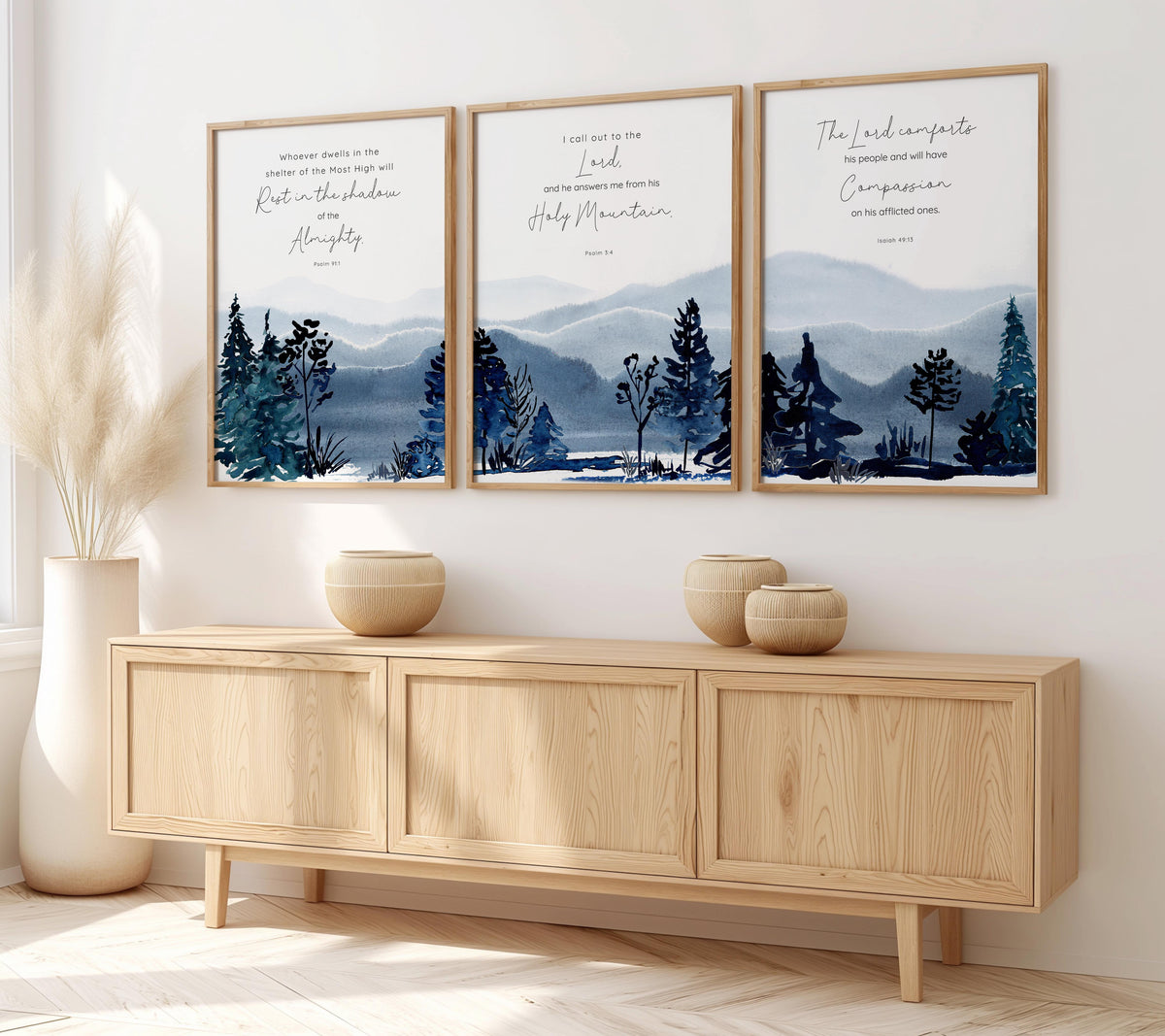 Psalm 91:1, Psalm 3:4, Isaiah 49:13 – Christian wall art print set with tranquil blue mountains and comforting scripture for peace and faith.