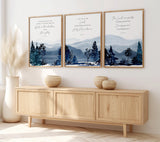Psalm 91:1, Psalm 3:4, Isaiah 49:13 – Christian wall art print set with tranquil blue mountains and comforting scripture for peace and faith.