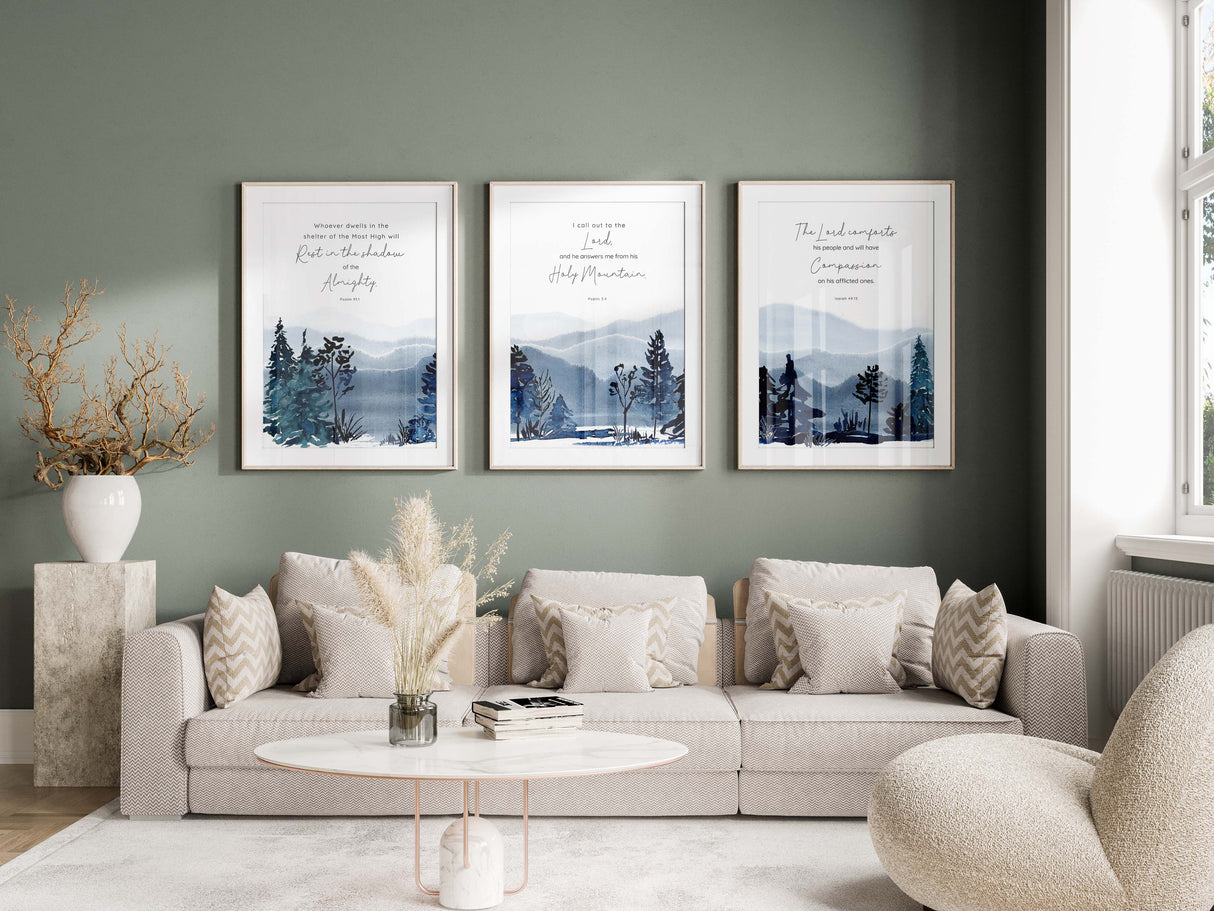 Mountain-themed scripture wall decor, Faith-inspired watercolour prints collection, Calming scripture verse art prints
