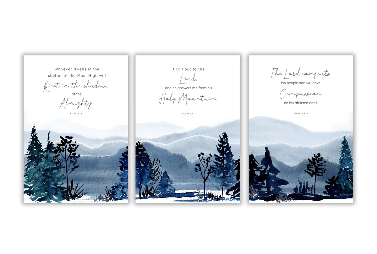 Mountain Christian Wall Art Comforting Scripture Print 3 Piece Set, mountain bible verse print set of 3 faith gift ideas