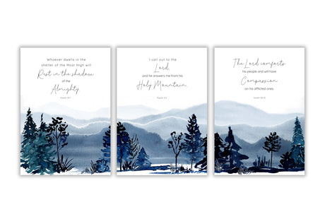Mountain Christian Wall Art Comforting Scripture Print 3 Piece Set, mountain bible verse print set of 3 faith gift ideas