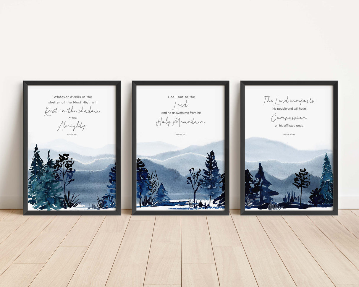 Psalm and Isaiah verse wall art set, Mountaintop scripture prints for meditation, Bible verse artwork for spiritual reflection