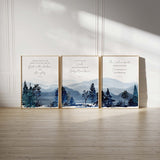 Encouraging Bible verse wall art set, Blue forest mountain scripture prints, Peaceful scripture artwork for home