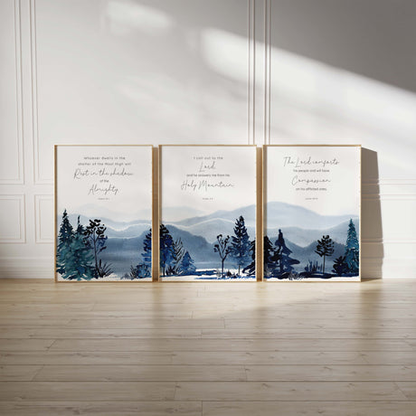 Encouraging Bible verse wall art set, Blue forest mountain scripture prints, Peaceful scripture artwork for home