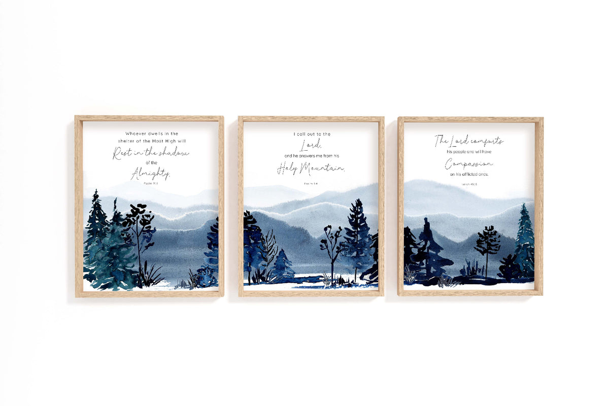 Mountain Christian Wall Art Comforting Scripture Print 3 Piece Set, mountain bible verse print set of 3 faith gift ideas