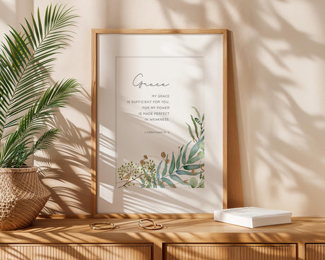 2 Corinthians 12:9 - Christian wall art print with my grace is sufficient scripture and leafy botanical illustration, inspirational decor.