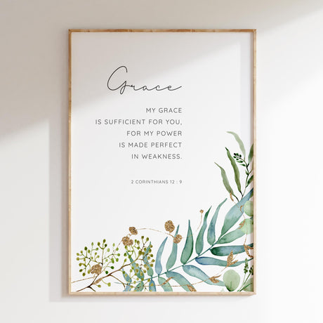 2 Corinthians 12:9 - My grace is sufficient Christian wall art with green leaf botanical design, Bible verse faith decor.