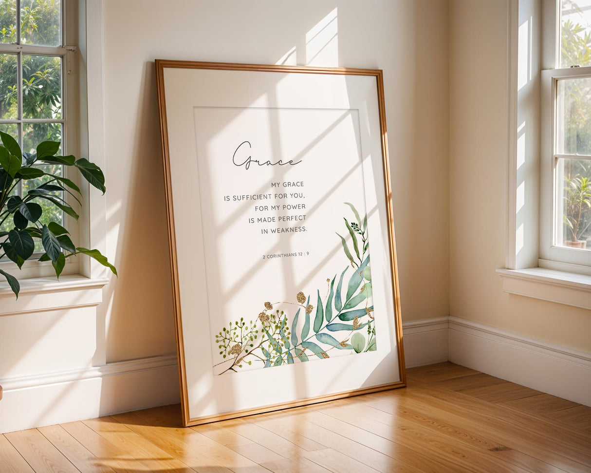 2 Corinthians 12:9 - My grace is sufficient Bible verse wall art featuring delicate green botanical leaves, encouraging Christian decor.