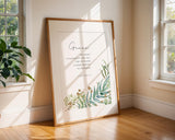 2 Corinthians 12:9 - My grace is sufficient Bible verse wall art featuring delicate green botanical leaves, encouraging Christian decor.