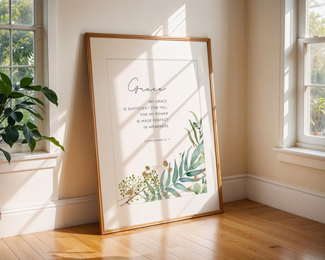 2 Corinthians 12:9 - My grace is sufficient Bible verse wall art featuring delicate green botanical leaves, encouraging Christian decor.