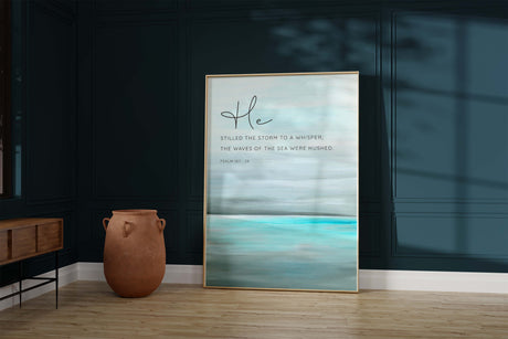 Bible quote print for calming spaces, Inspirational Psalm 107:29 wall decor, Coastal-themed scripture artwork