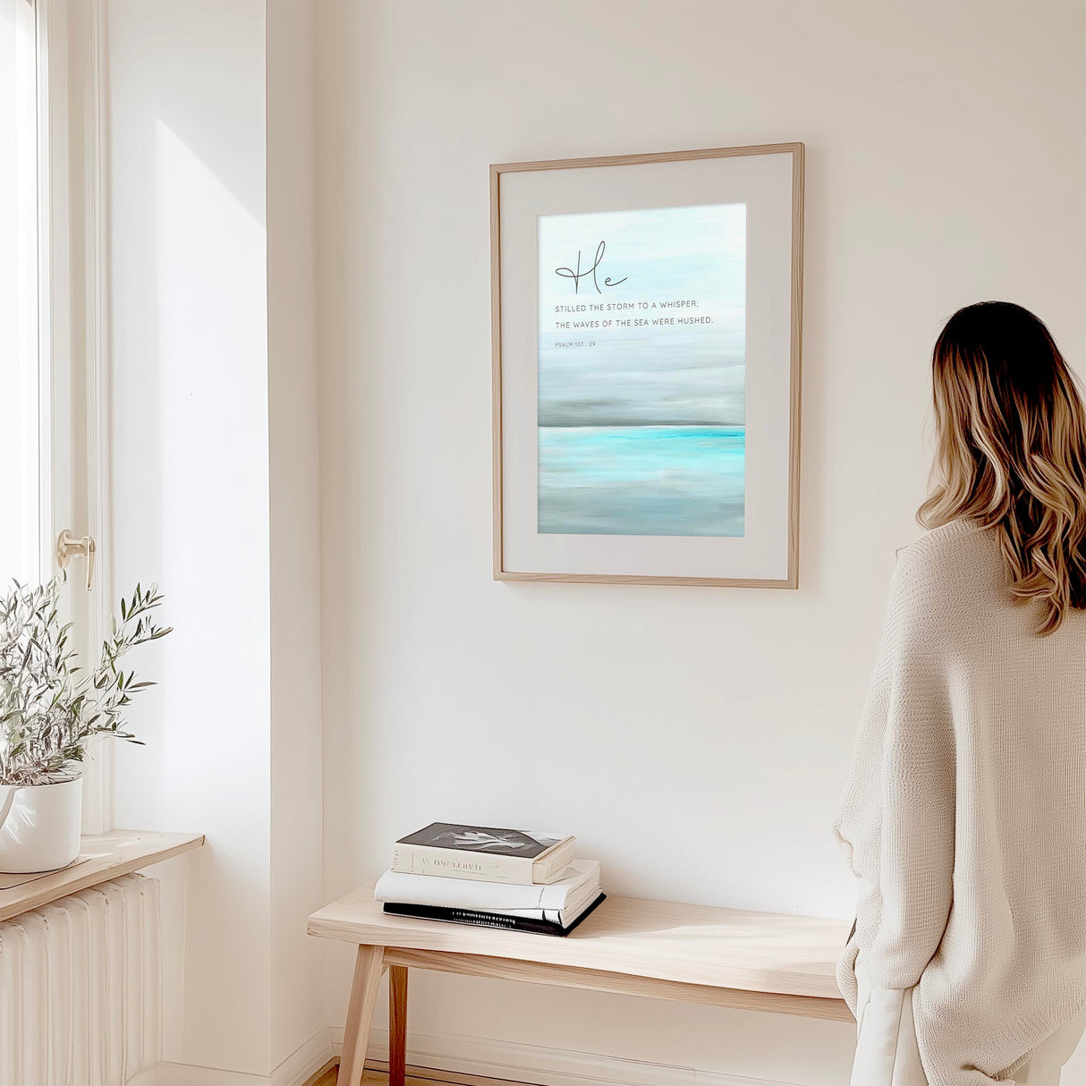 Psalm 107:29 - He stilled the storm Christian wall art with abstract turquoise and grey seascape, Bible verse faith decor.