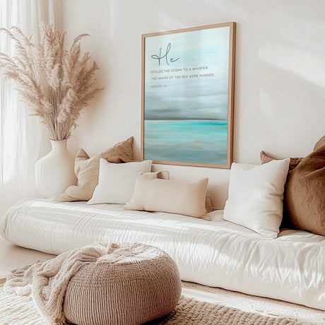 Psalm 107:29 - He stilled the storm Bible verse print featuring calming abstract ocean artwork, Christian wall art for peaceful spaces.
