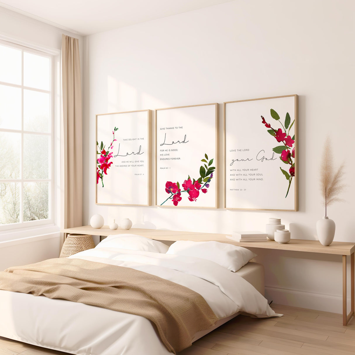 1 Peter 5:7 - Christian wall art featuring give thanks scripture with soft pink orchid flowers, Bible verse print for peaceful home decor.