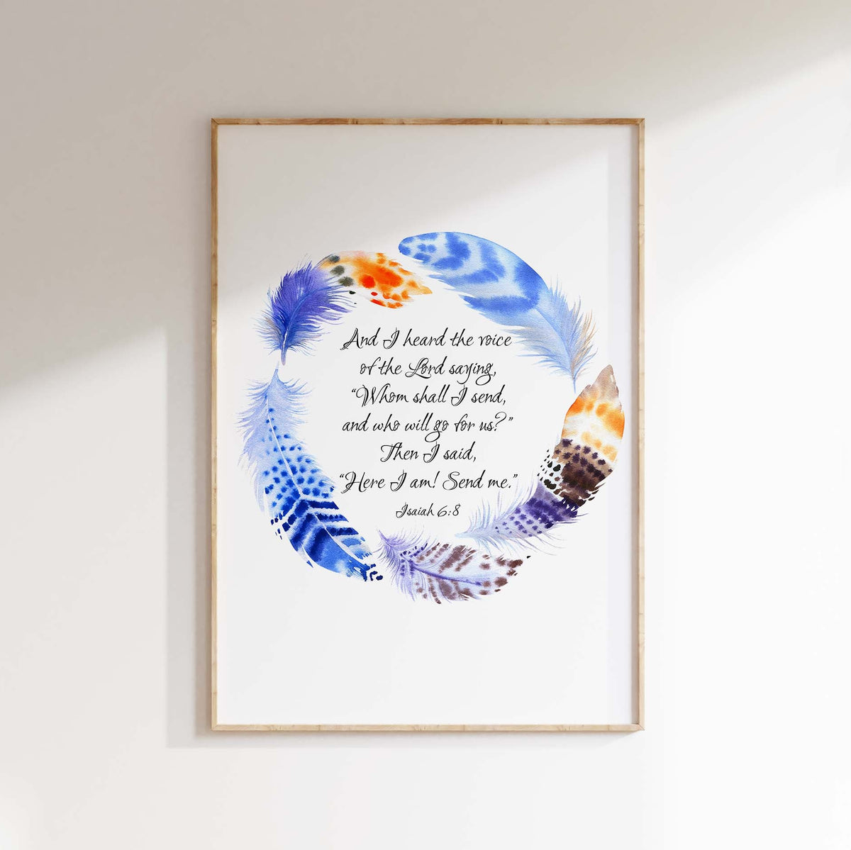 Here I am Send Me Christian Wall Art Print, Isaiah 6 Scripture Poster, Watercolour feather wreath print, Spiritual decor