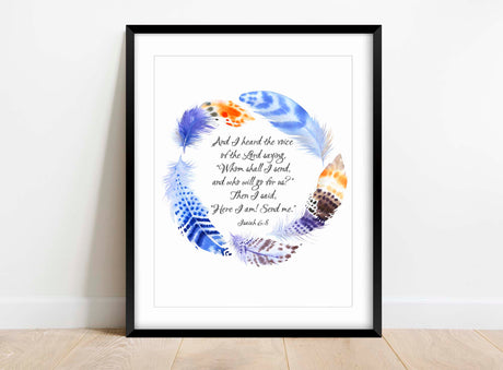 Here I am Send Me Christian Wall Art Print, Isaiah 6 Scripture Poster, Watercolour feather wreath print, Spiritual decor