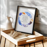Isaiah 6:8 - Christian scripture print Here I Am Send Me with blue and orange feather wreath faith wall art for office or study.