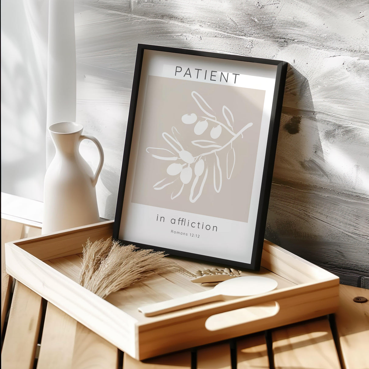 Romans 12:12 - Patient in affliction Christian Bible verse wall art with olive branch illustration and calming neutral home decor.