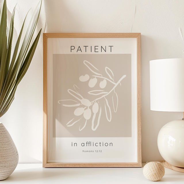 Romans 12:12 - Inspirational Christian wall art showing olive branch artwork with scripture about patience, faith and perseverance.