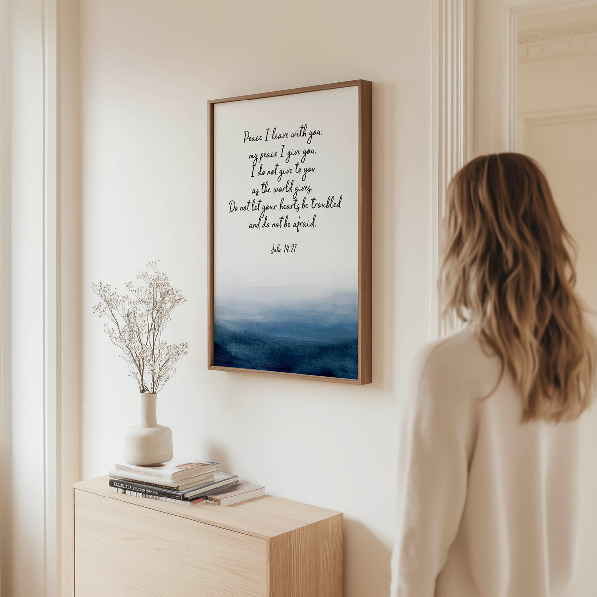 John 14:27 – Peace I leave with you Christian wall art print with ocean watercolour design.
