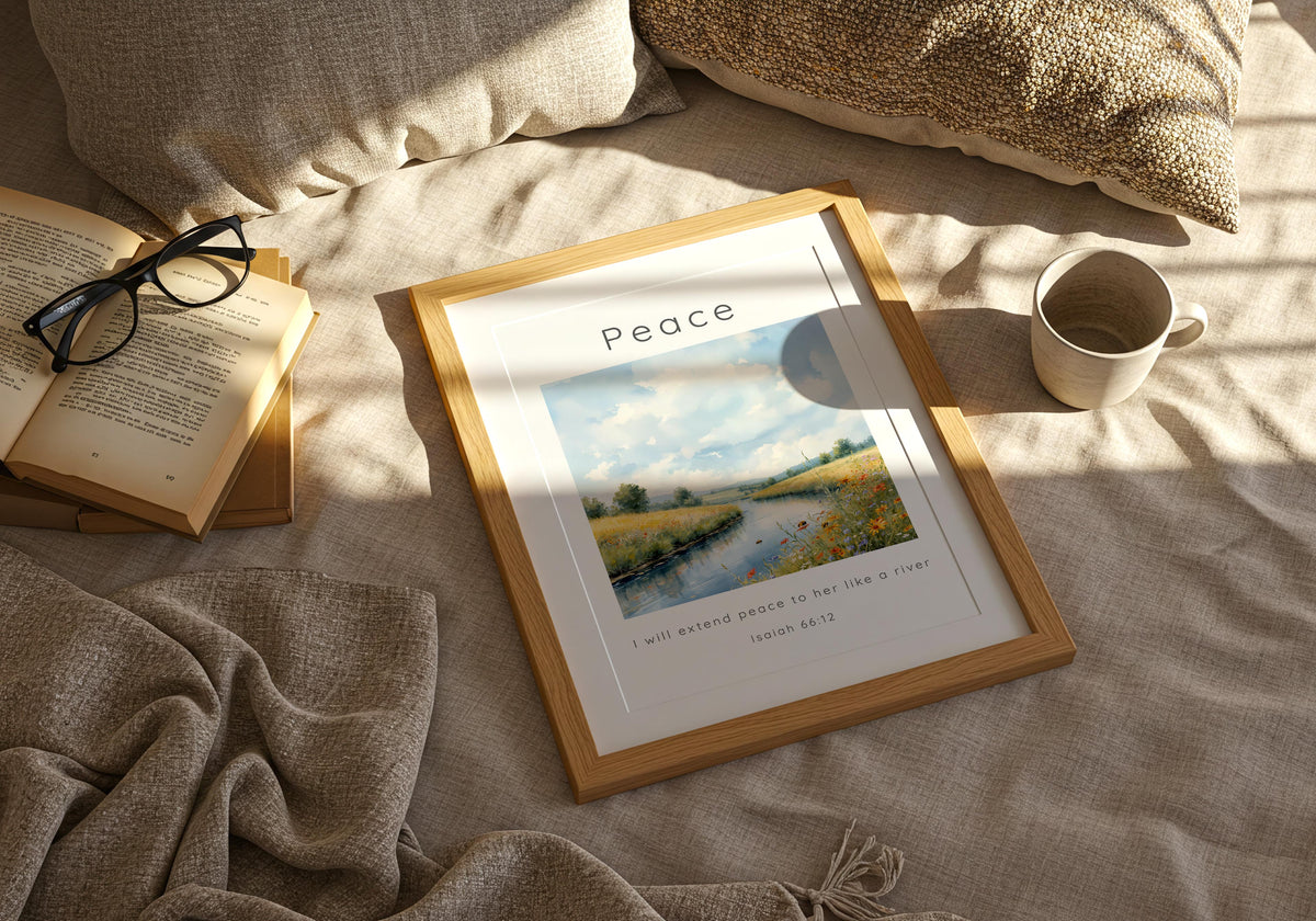 Isaiah 66:12 – Faith-based print with calm river and flowers inspired by God’s peace.