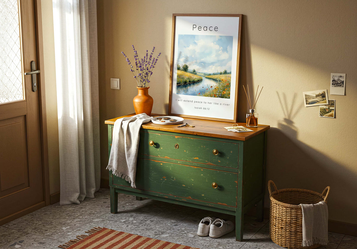 Isaiah 66:12 – Christian home print with gentle river and wildflowers.