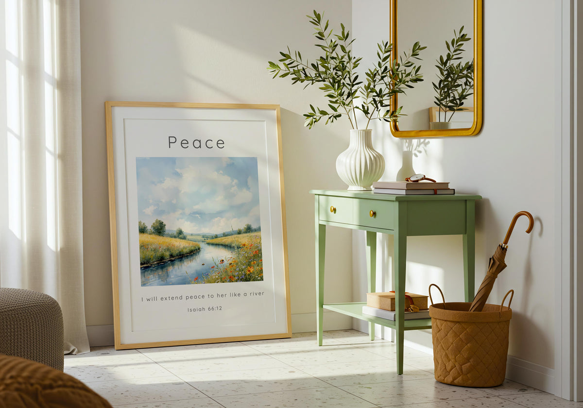 Isaiah 66:12 – Peaceful river landscape with Bible verse about God’s peace.