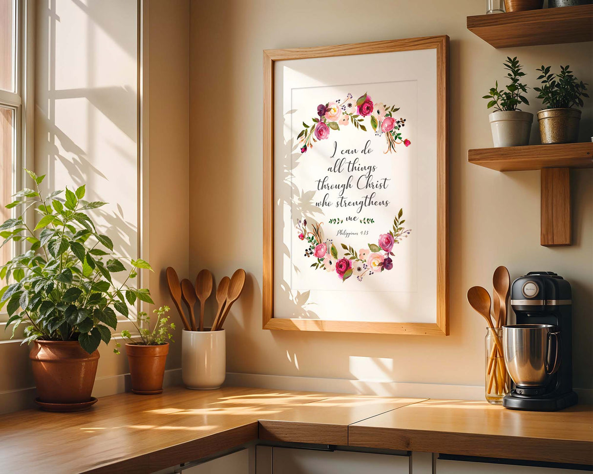 Philippians 4:13 - I can do all things through Christ Christian wall art print with burgundy and peach floral border, Bible verse decor.