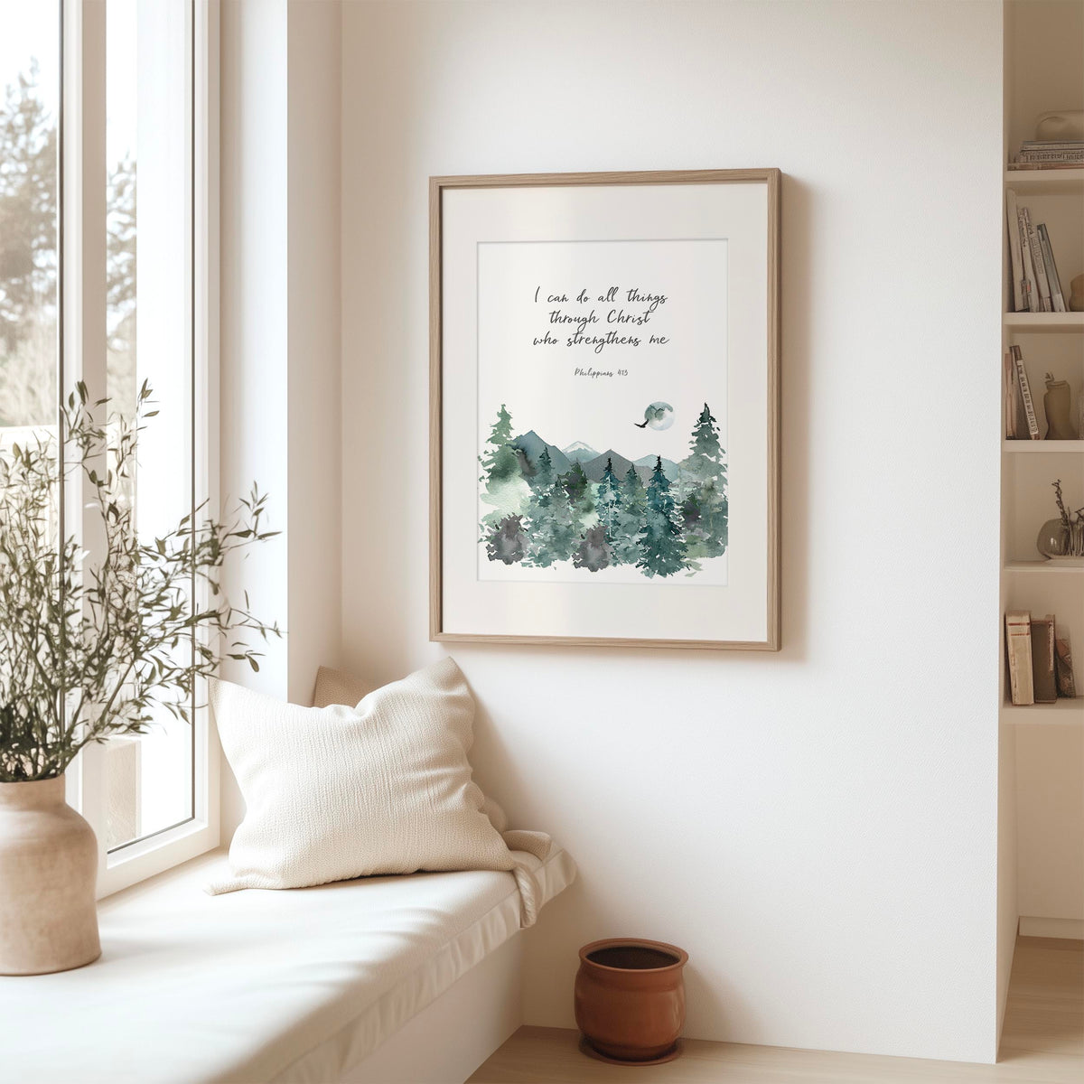 Philippians 4:13 – Bible verse wall art featuring mountain landscape and scripture about strength through Christ.