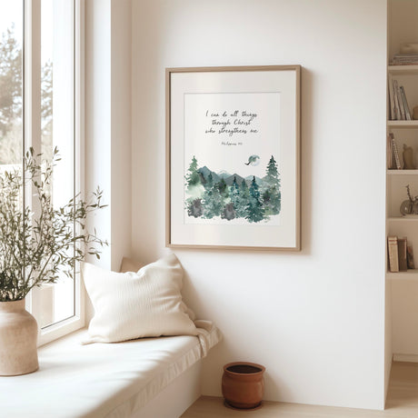 Philippians 4:13 – Bible verse wall art featuring mountain landscape and scripture about strength through Christ.