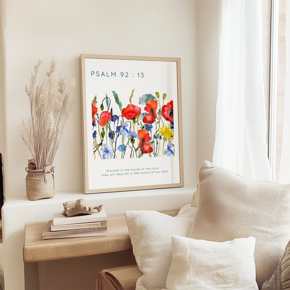 Psalm 92:13 - Christian scripture wall art print with floral meadow artwork symbolising growth faith and flourishing.